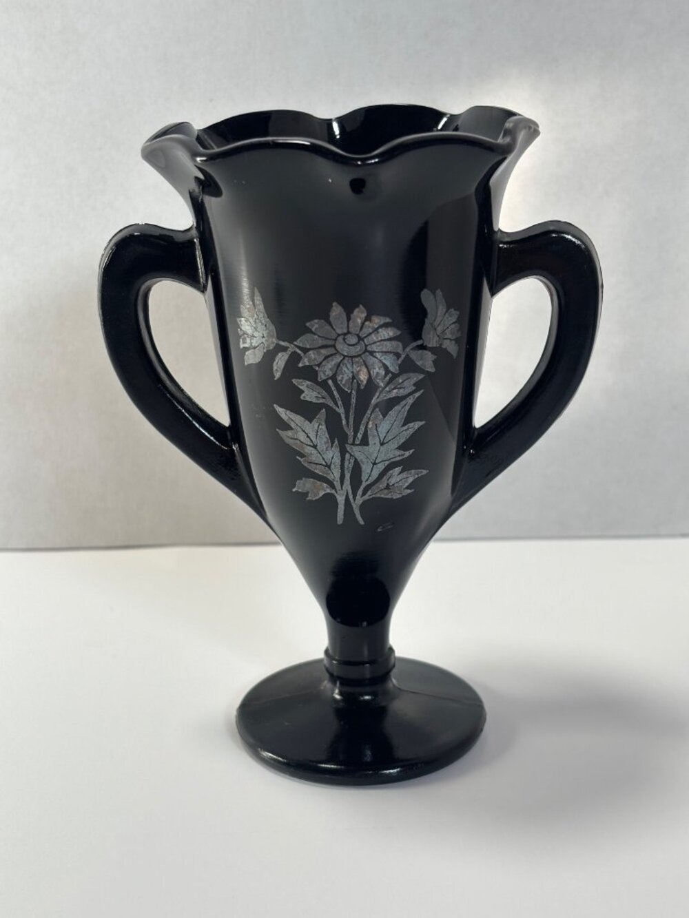 L E Smith Black Amethyst Glass Loving Cup Trophy Vase VTG 30s See Description